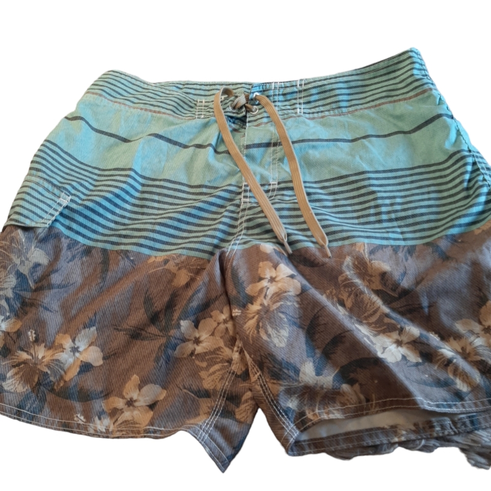 Panama Jack Board Surf Swim Shorts Aqua Striped & Brown Hawaiian‎ Print Size 36
